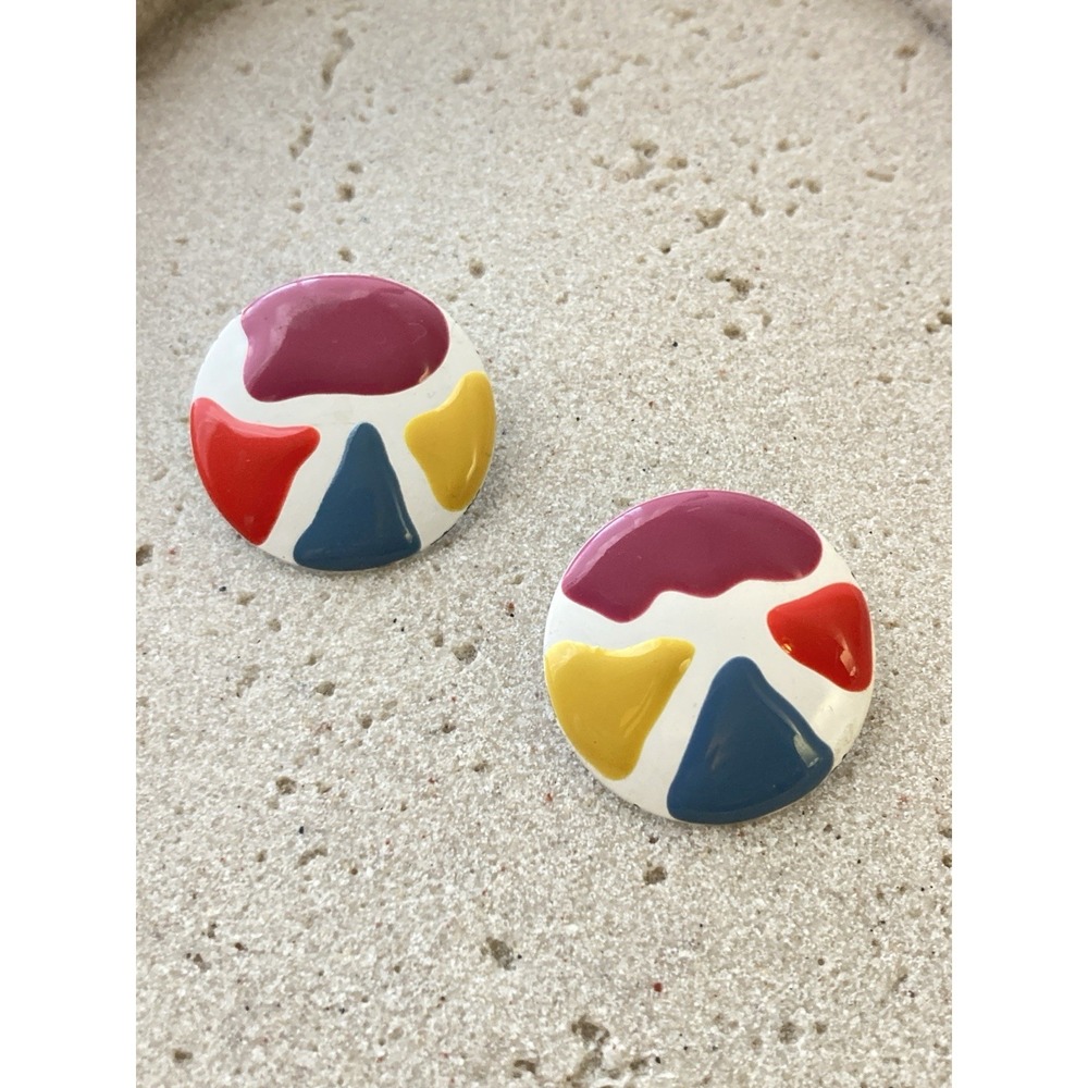 Vintage 80s Abstract Enamel Button‎ Earrings Color Block Pop Art Memphis Style